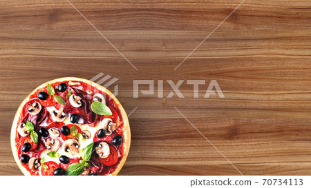 Pizza with salami and olives, advertising background. 3D rendering Pizza with salami and olives, advertising background. 3D rendering 70734113