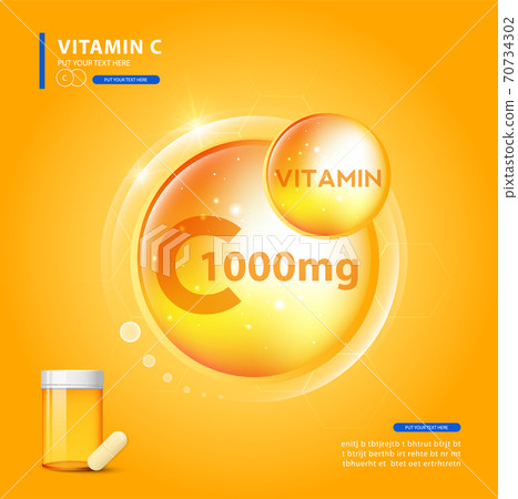 Vitamin C gold shining pill with Chemical formula, Ascorbic acid. vector design. Vitamin C gold shining pill with Chemical formula, Ascorbic acid. vector design. 70734302
