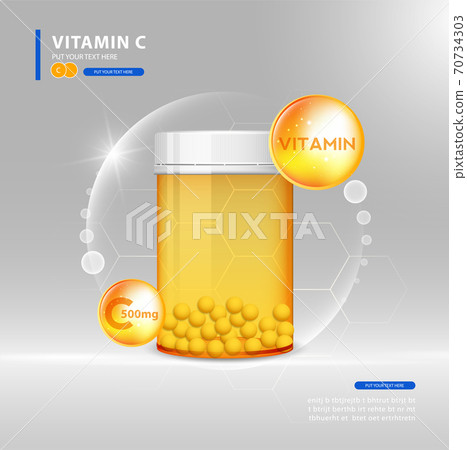 Vitamin C gold shining pill with Chemical formula, Ascorbic acid. vector design. Vitamin C gold shining pill with Chemical formula, Ascorbic acid. vector design. 70734303