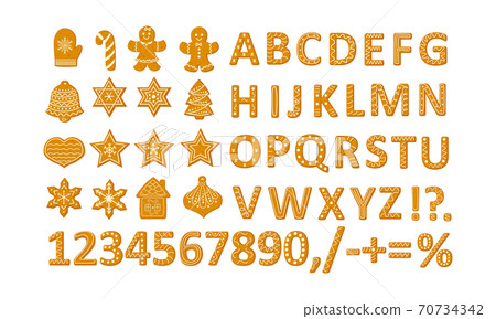 Gingerbread Christmas cookies set with stars snowflakes Christmas tree and ginger man, alphabet and numbers vector 70734342