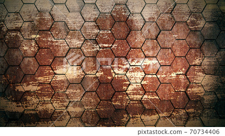 Industrial metallic rusty background texture, hexagon honeycomb  pattern. 3d render illustration 70734406