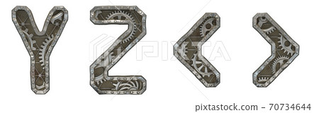 Mechanical alphabet made from rivet metal with gears on white background. Set of letters Y, Z and symbol left, right angle bracket. 3D Mechanical alphabet made from rivet metal with gears on white background. Set of letters Y, Z and symbol left, right angle bracket. 3D 70734644