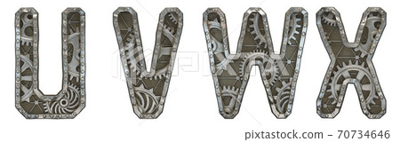 Mechanical alphabet made from rivet metal with gears on white background. Set of letters U, V, W, X. 3D Mechanical alphabet made from rivet metal with gears on white background. Set of letters U, V, W, X. 3D 70734646