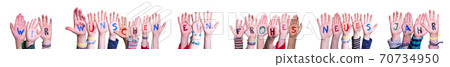 Children Hands Building Frohes Neues Means Happy New Year, Isolated Background Children Hands Building Frohes Neues Means Happy New Year, Isolated Background 70734950