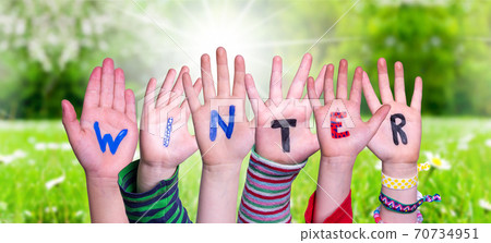 Children Hands Building Word Winter, Grass Meadow Children Hands Building Word Winter, Grass Meadow 70734951