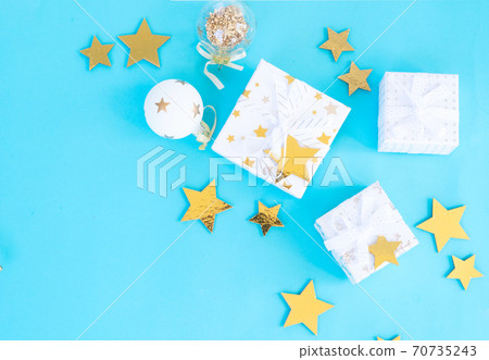 Christmas flat lay scene with golden decorations 70735243