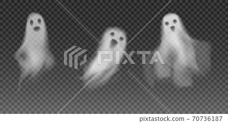 Set of realistic vector ghosts. 3d smokes looking like night ghouls. Halloween illustration of scary poltergeist or phantom 70736187
