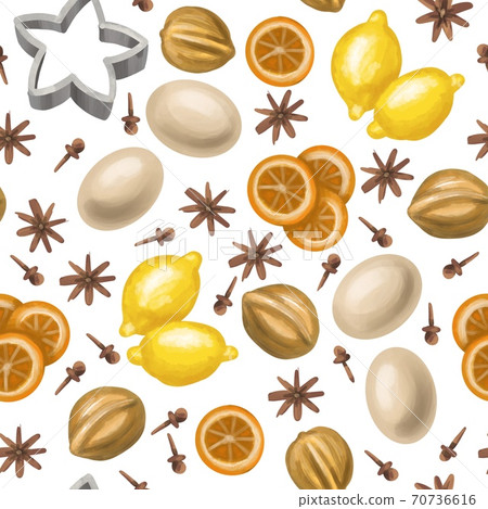 Thanksgiving or Christmas dinner pattern. On a white background: eggs, nuts, orange slices, cinnamon, lemons, carnation, anise and baking tapperware. Thanksgiving or Christmas dinner pattern. On a white background: eggs, nuts, orange slices, cinnamon, lemons, carnation, anise and baking tapperware. 70736616