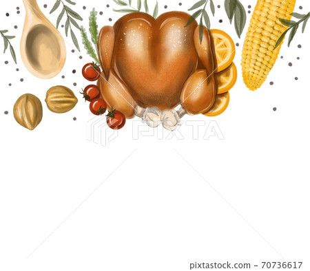 Illustration Thanksgiving Day or Christmas dinner. For white background: turkey, corn, tappery, tomato and oranges. Postcard blank to be filled. Illustration Thanksgiving Day or Christmas dinner. For white background: turkey, corn, tappery, tomato and oranges. Postcard blank to be filled. 70736617