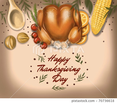 Illustration Thanksgiving Day dinner. On a colored background: turkey, corn, tappery, nuts, tomato and oranges. Postcard filled Happy Thanksgiving Day Illustration Thanksgiving Day dinner. On a colored background: turkey, corn, tappery, nuts, tomato and oranges. Postcard filled Happy Thanksgiving Day 70736618
