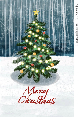 Merry Christmas postcard filled. On a winter forrest background: Christmas tree, decorated w/ toys and Christmas lights and snow. Merry Christmas postcard filled. On a winter forrest background: Christmas tree, decorated w/ toys and Christmas lights and snow. 70736619