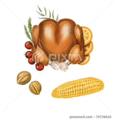 Isolated Illustration Thanksgiving Day or Christmas dinner. On a white background: turkey, corn, tappery, nuts, tomato and oranges. Isolated Illustration Thanksgiving Day or Christmas dinner. On a white background: turkey, corn, tappery, nuts, tomato and oranges. 70736620