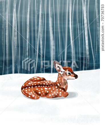 Merry Christmas postcard blank to be filled. On a winter forrest background: little baby deer lies, non decorated, laying on a snow. Bembi watercolor. 70736783