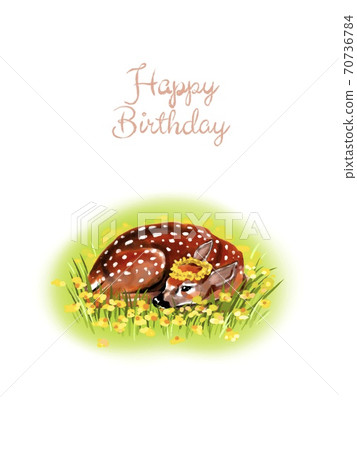 Happy birthday spring/summer postcard. On a white background: baby deer laying on a grass, decorated w/ flowers, isolated. Bembi watercolor. Happy birthday spring/summer postcard. On a white background: baby deer laying on a grass, decorated w/ flowers, isolated. Bembi watercolor. 70736784
