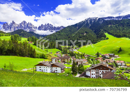 Idyllic nature scenery - impressive Dolomite mountains, Vall di Funes, northern Italy,  70736799
