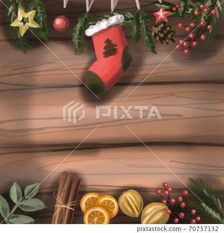 New year/Christmas blank postcard. On a wooden table background: gift sock, orange slices, cinnamon, nuts, cranberries and toys. New year/Christmas blank postcard. On a wooden table background: gift sock, orange slices, cinnamon, nuts, cranberries and toys. 70737132