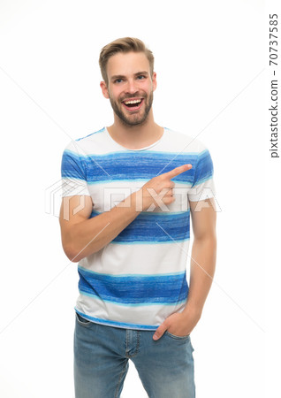 happy sexy man with bristle on face in trendy summer shirt pointing finger happy sexy man with bristle on face in trendy summer shirt pointing finger 70737585