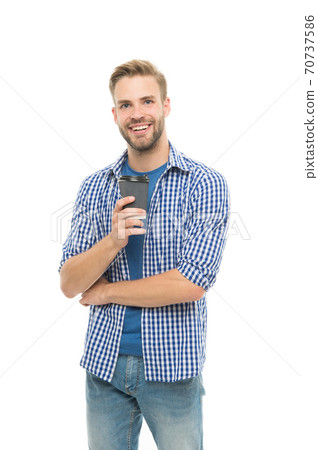 Perfect coffee. Happy man enjoy drinking coffee. Handsome guy with takeaway coffee Perfect coffee. Happy man enjoy drinking coffee. Handsome guy with takeaway coffee 70737586