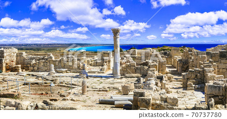 Antique Cyprus island - Kourion temple over sea, popular touristic attraction and landmark Antique Cyprus island - Kourion temple over sea, popular touristic attraction and landmark 70737780