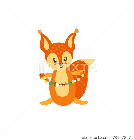Squirrel with mushrooms isolated in white background. Illustration of sitting baby squirrel. Vector illustration Squirrel with mushrooms isolated in white background. Illustration of sitting baby squirrel. Vector illustration 70737867