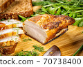 smoked meat lies on the table with herbs and sauce 70738400