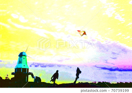 First sunrise with a family enjoying kite flying 70739199