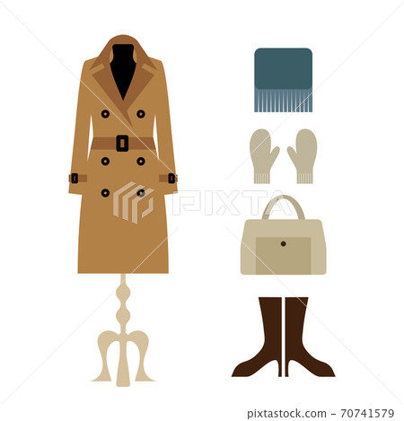 Autumn/Winter Women's Outfit: Trench Coat and Fashion Accessories Set (Simple Vector) Autumn/Winter Women's Outfit: Trench Coat and Fashion Accessories Set (Simple Vector) 70741579
