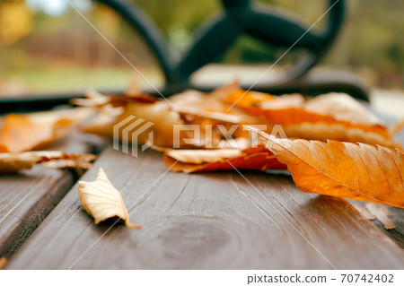 秋天的長凳上堆滿了秋天落葉 70742402