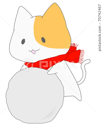 A cat character with a muffler that rolls snowballs A cat character with a muffler that rolls snowballs 70742467