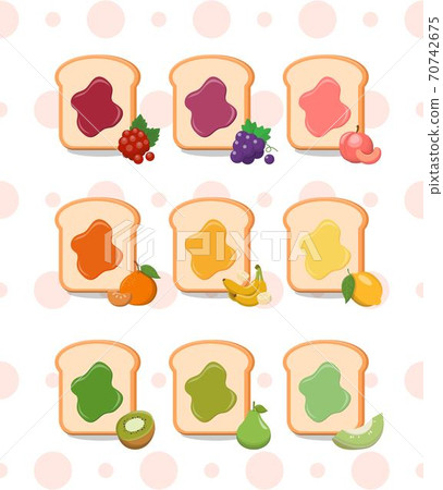 Cute cartoon illustrations of 9 kinds of fruit jam and toast in a polka dot background 70742675