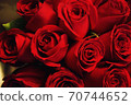 Close up photo of a dozen of red roses. 70744652