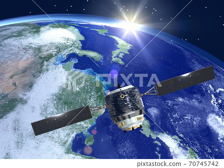 Earth Japan artificial satellite scientific satellite satellite 3DCG image (with stars) Earth Japan artificial satellite scientific satellite satellite 3DCG image (with stars) 70745742