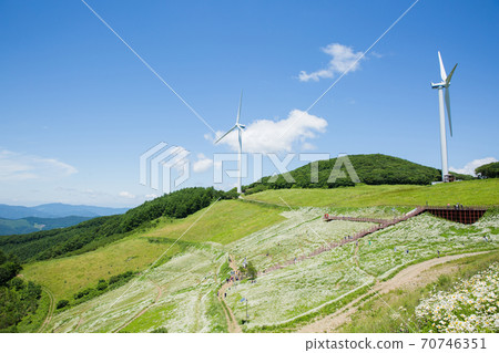 Beautiful mountain landscape, blue sky over hillside meadow 021 70746351