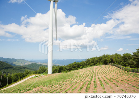Beautiful mountain landscape, blue sky over hillside meadow 036 70746370
