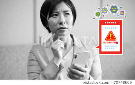 Image of a female office worker who is in trouble because her smartphone is infected with a virus Image of a female office worker who is in trouble because her smartphone is infected with a virus 70748609