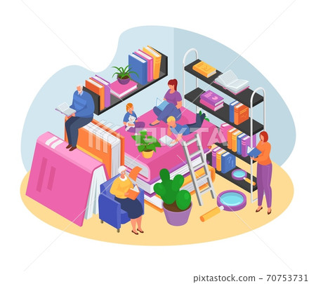 Isometric reading book with family concept, vector illustration. Education library for student people design. People character get knowledge Isometric reading book with family concept, vector illustration. Education library for student people design. People character get knowledge 70753731