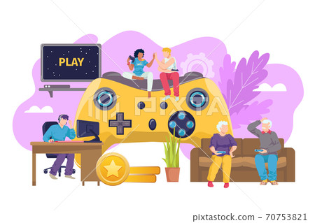 Computer game joystick for everyone vector illustration. Console technology for gamer play background, people family player. Computer game joystick for everyone vector illustration. Console technology for gamer play background, people family player. 70753821