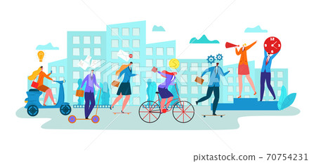 Business flat people character manager, cartoon transportation for work time management vector illustration. Business man woman at wheel transport Business flat people character manager, cartoon transportation for work time management vector illustration. Business man woman at wheel transport 70754231