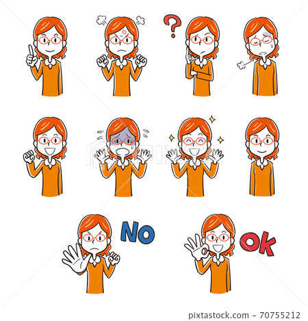 Pose facial expression illustration set of a woman wearing glasses 70755212