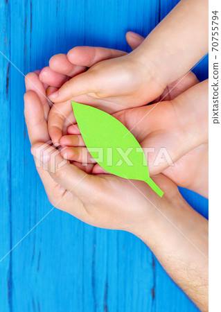 Green paper leaf in hands of adult and child. Green paper leaf in hands of adult and child. 70755794
