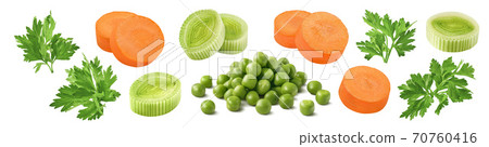 Set of  parsley, green peas, leek and carrot slices isolated on white background 70760416