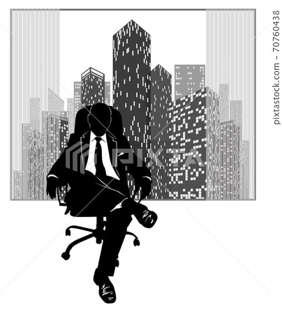 Silhouette of a man in a suit sitting on an armchair against the background of a window with urban skyscrapers 70760438