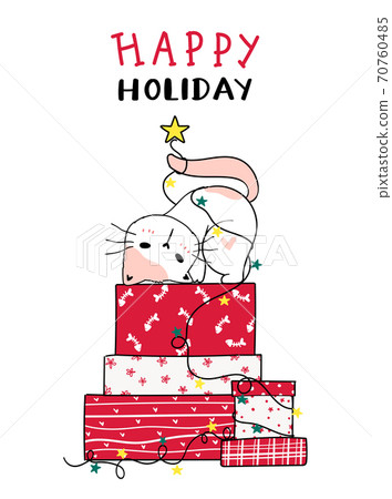 cute silly cat on stack of Christmas present box doodle cartoon clip art, Happy Holiday, greeting card. 70760485