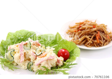 Potato salad Kinpira gobo white background Potato salad Kinpira gobo white background 70761106