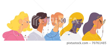 Women in sunglasses with glasses chain. Modern style heads of various nations and hair color with closed eyes Women in sunglasses with glasses chain. Modern style heads of various nations and hair color with closed eyes 70761485