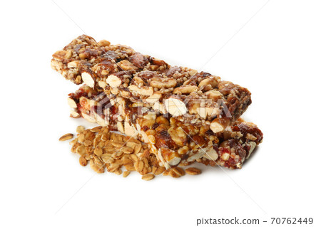 Tasty granola bars isolated on white background Tasty granola bars isolated on white background 70762449