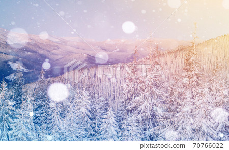 Mysterious winter landscape majestic mountains in winter. Magical winter snow covered tree. Photo greeting card. Bokeh light effect, soft filter. Mysterious winter landscape majestic mountains in winter. Magical winter snow covered tree. Photo greeting card. Bokeh light effect, soft filter. 70766022
