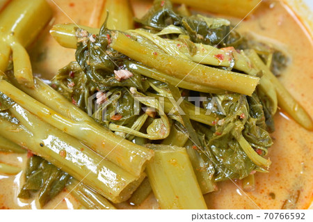 spicy boiled morning glory with fat pork in coconut milk curry or Kaeng The Po Thai food on bowl spicy boiled morning glory with fat pork in coconut milk curry or Kaeng The Po Thai food on bowl 70766592