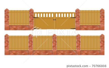 Brick fence with wooden gate vector illustration isolated on white background 70766808