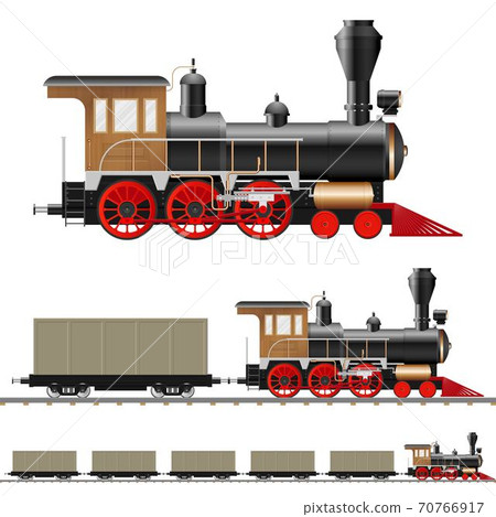 Vintage steam locomotive and wagon vector illustration isolated 70766917